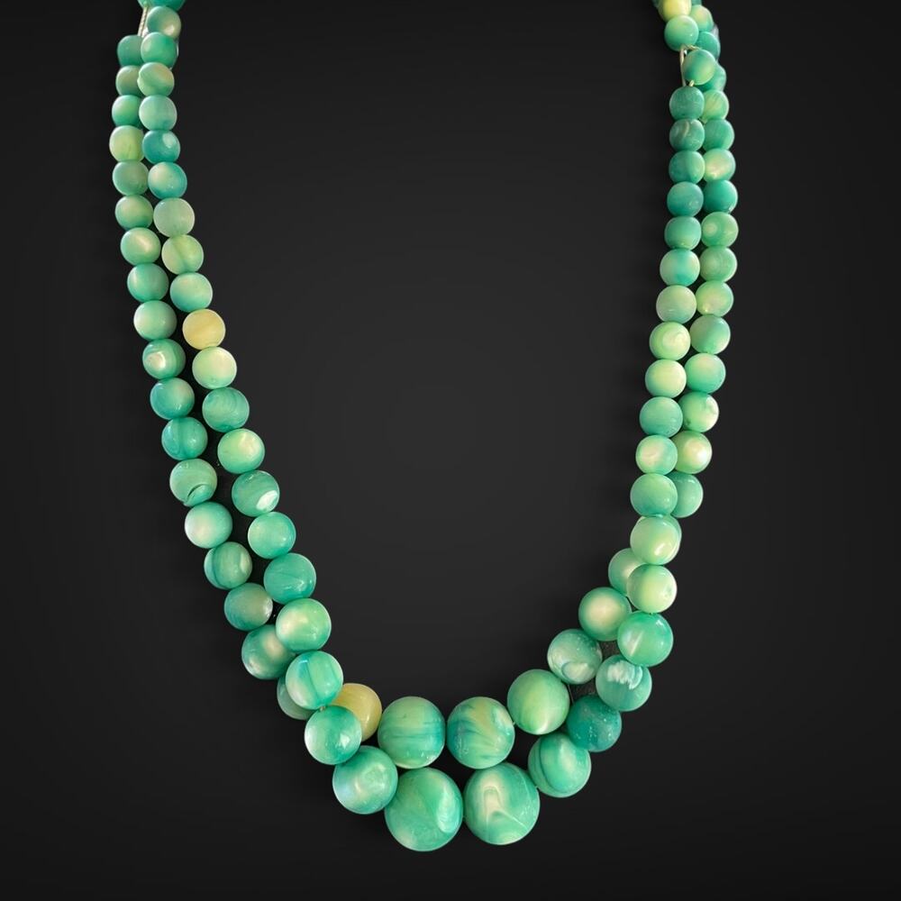Vintage 1950s Turquoise Satin Glass Double Strand Necklace w Sterling Clasp